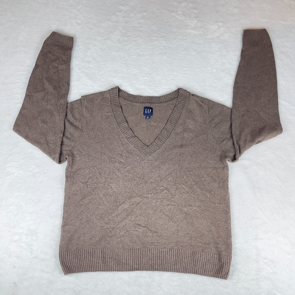 Gap Crop Sweater Womens Medium Gray Heather Knitted Long‎ Sleeve Slim Fit V Neck